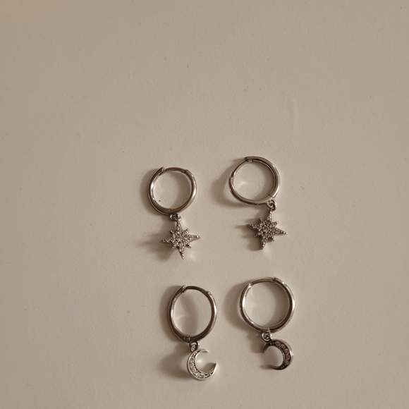  2 Pairs 925 Sterling Silver Moon Star Dangle Hoop Earring - Picture 5 of 6